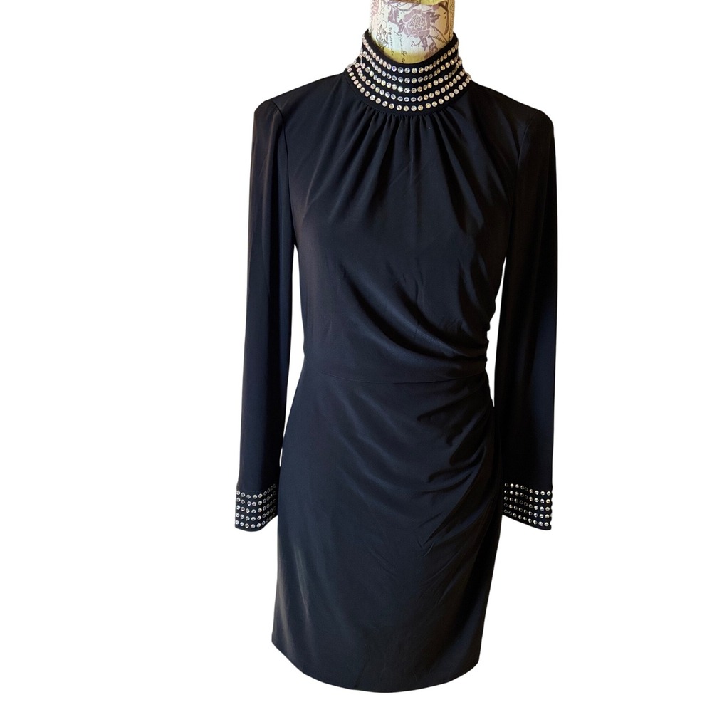 Vintage Desiger dress Eliza J Black‎ Dress Rhinestone Mock Neck Party sz 10
